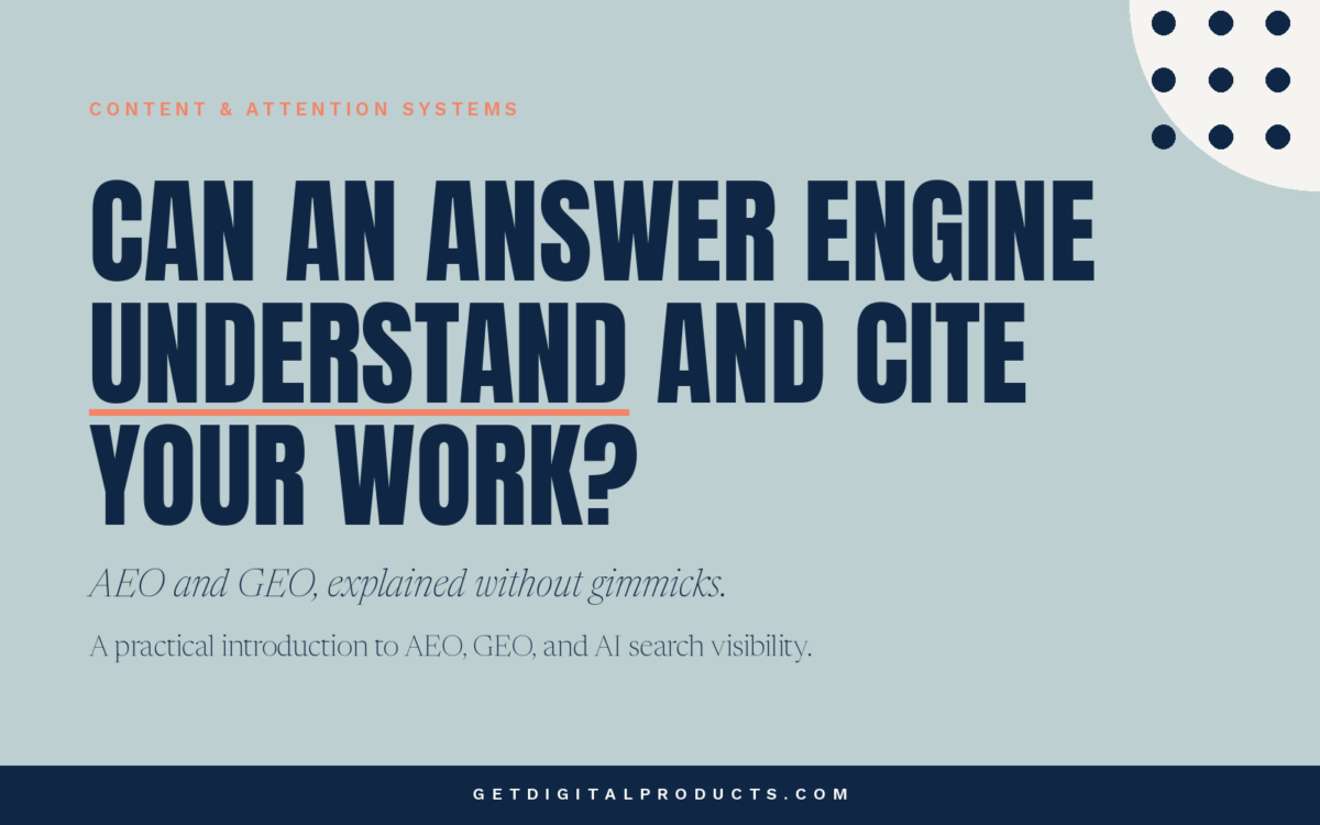Article graphic reading "Can an answer engine understand and cite your work?" with the subtitle "AEO and GEO, explained without gimmicks."