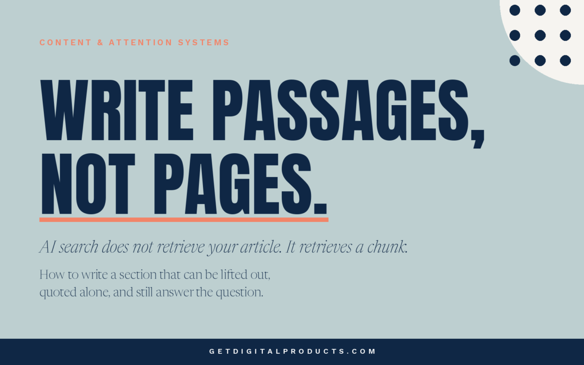 Article graphic reading "Write passages, not pages," with the note that AI search retrieves a chunk rather than your whole article.