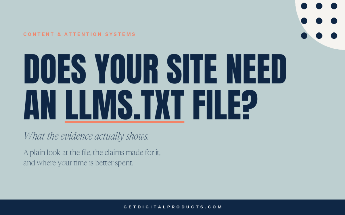 Article graphic reading "Does your site need an llms.txt file?" with the subtitle "What the evidence actually shows."